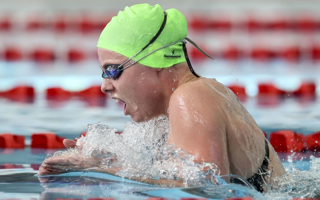 Helena Gasson competes in the breast stroke at the zonal swimming championships, 2017.