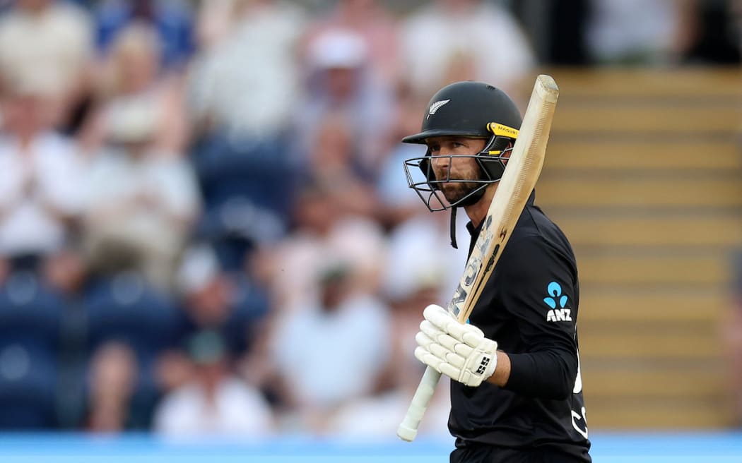 Devon Conway of New Zealand raises his bat to acknowledge the applause for his 50
England v New Zealand Blackcaps, 1st One Day International (ODI) at Sophia Gardens, Cardiff, Wales on Friday 8 September 2023. New Zealand tour of England. Mandatory credit: Matthew Impey / www.photosport.nz