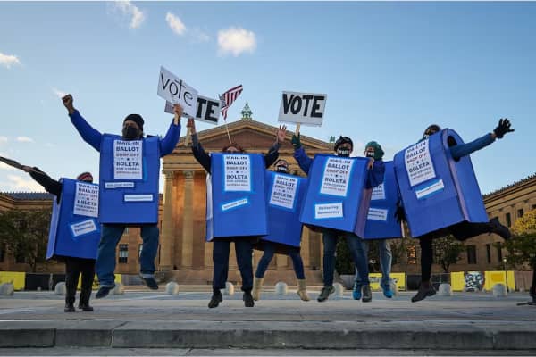 L.M. Bogad led the dancing mailboxes to encourage people to vote by mail. He says it was a case of 'radical cuteness' where even opponents didn't mind the protest.