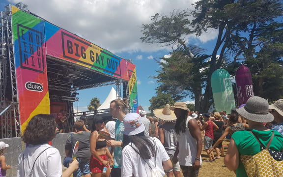 Festival-goers enjoying music from the main stage at the Big Gay Out.