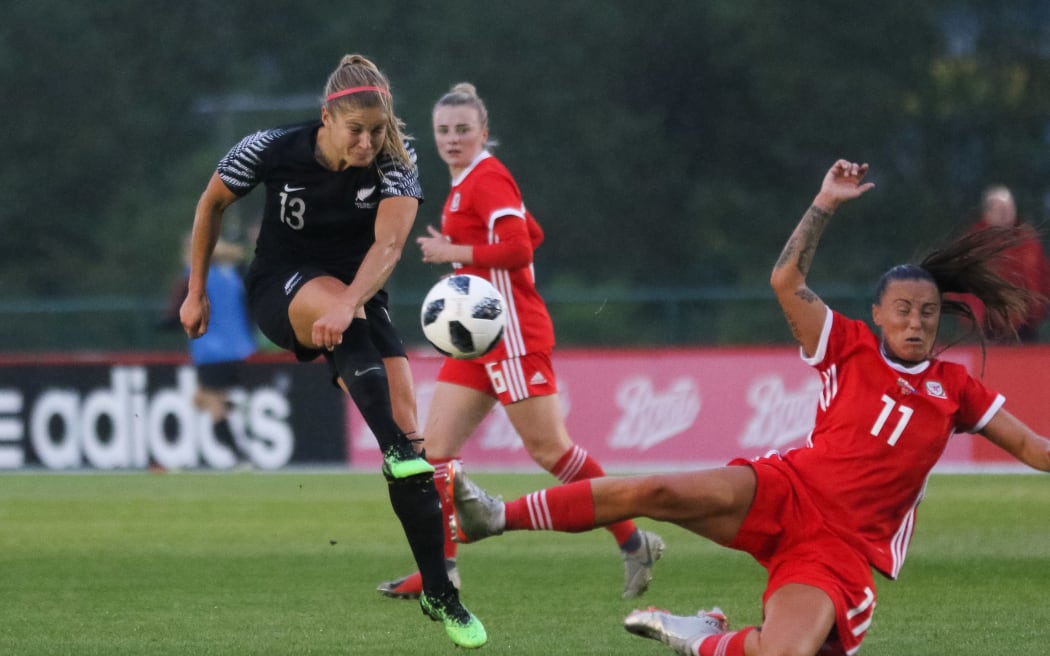 Rosie White of Football Ferns playing against Wales.