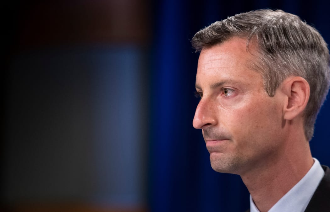 State Department spokesperson Ned Price pauses while speaking during a briefing at the State Department August 2, 2021, in Washington, DC. (Photo by Brendan Smialowski / AFP)