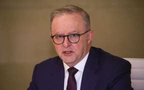 Australia's Prime Minister Anthony Albanese speaks during a National Cabinet meeting at the Commonwealth Parliamentary Offices in Sydney on May 1, 2024. Australia's prime minister on May 1 declared violence against women a "scourge" and a "national crisis", after protests in several major cities. (Photo by Gaye GERARD / POOL / AFP)
