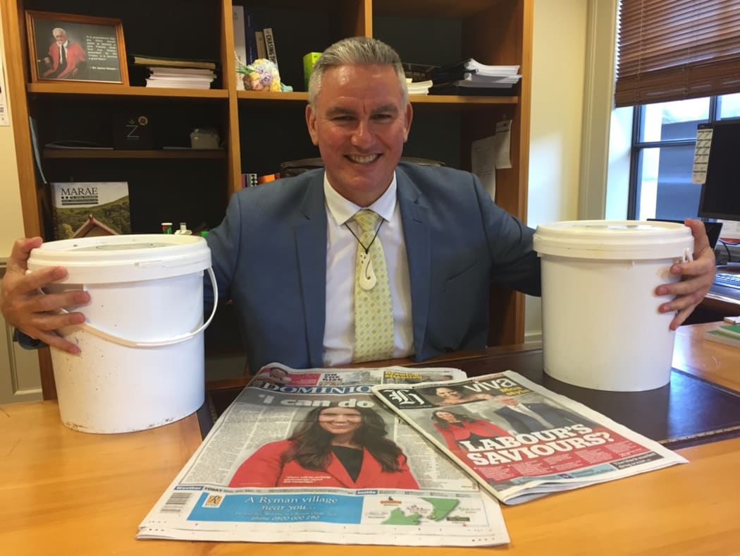 Labour's new deputy leader Kelvin Davis with his two buckets of muttonbird.