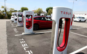 Tesla Supercharger charging stations equipped with fast chargers for electric vehicles from the American brand Tesla in Blagnac, France.