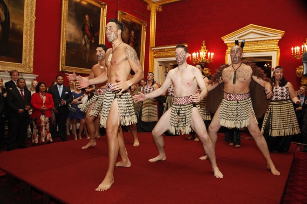 Ngāti Rānana perform a haka for the Prince of Wales and Duchess of Cornwall at Clarence House, London.