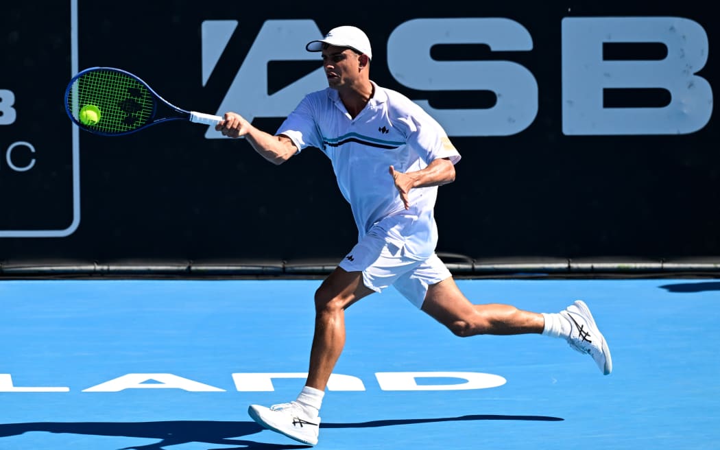 Kiranpal Pannu of New Zealand during his singles match at the ASB Classic tennis tournament in Auckland, New Zealand.