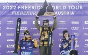 New Zealand skier Jess Hotter celebrates.