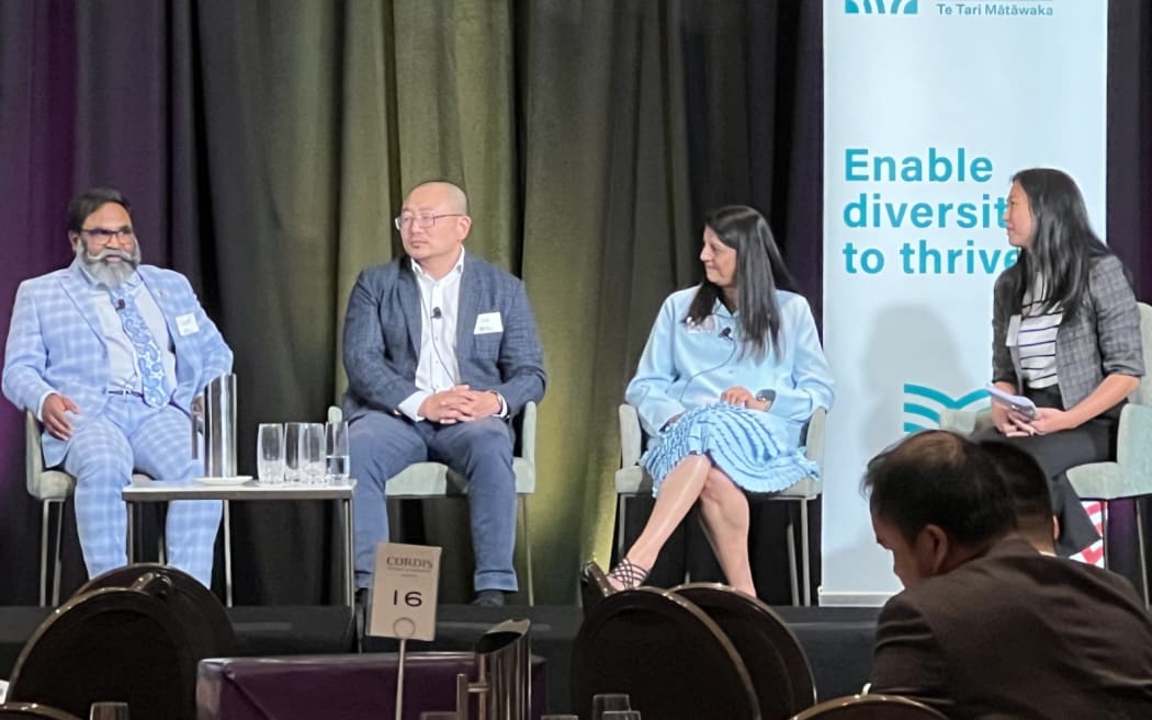 Inaugural ethnic business symposium 11 Oct 2024. Jonathan Manuel, CEO, New Zealand Airline Academy; Will Zhang, founder of EmoEx AI entrepreneur; Ranjna Patel (Business Hall of Fame 2024) and facilitator Chair ASEAN Business Council Kathleen Morrison.