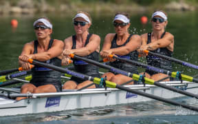 Hannah Osborne, Sam Voss, Ruby Tew  and Kirstyn Goodger NZ women's rowing quad.