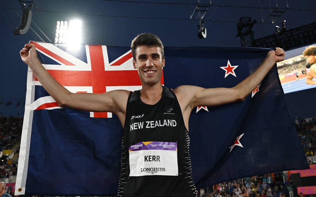 Gold medallist New Zealand's Hamish Kerr celebrates after the men's high jump final athletics event at the Alexander Stadium, in Birmingham on day six of the Commonwealth Games in Birmingham, central England, on 3 August, 2022.
