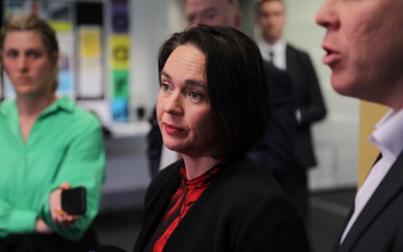 Labour's Chris Hipkins and Ginny Andersen during a media stand-up along the campaign trail in Porirua on 15 September, 2023.