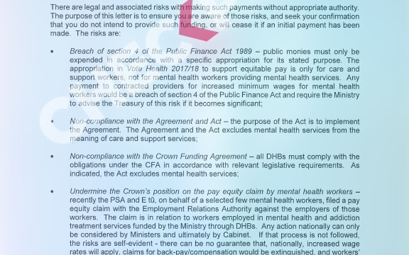A Ministry of Health letter warns DHBs against paying mental health workers more.