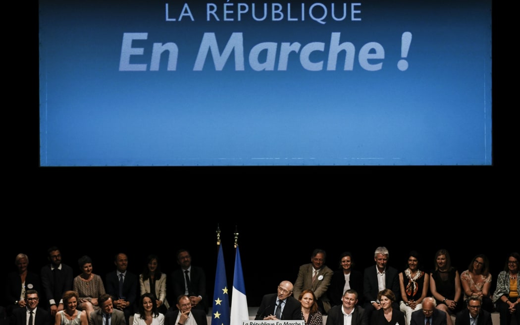 French Interior Minister and Lyon's mayor Gerard Collomb delivers a speech during a meeting of candidates of "La Republique en marche" party in the Rhone for the upcoming parliamentary election (elections legislatives) in Lyon, on June 7, 2017. / AFP PHOTO / JEFF PACHOUD