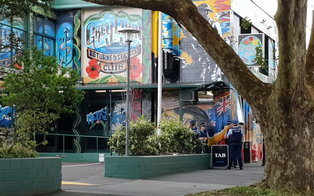 Police outside the Grey Lynn RSA in Auckland.