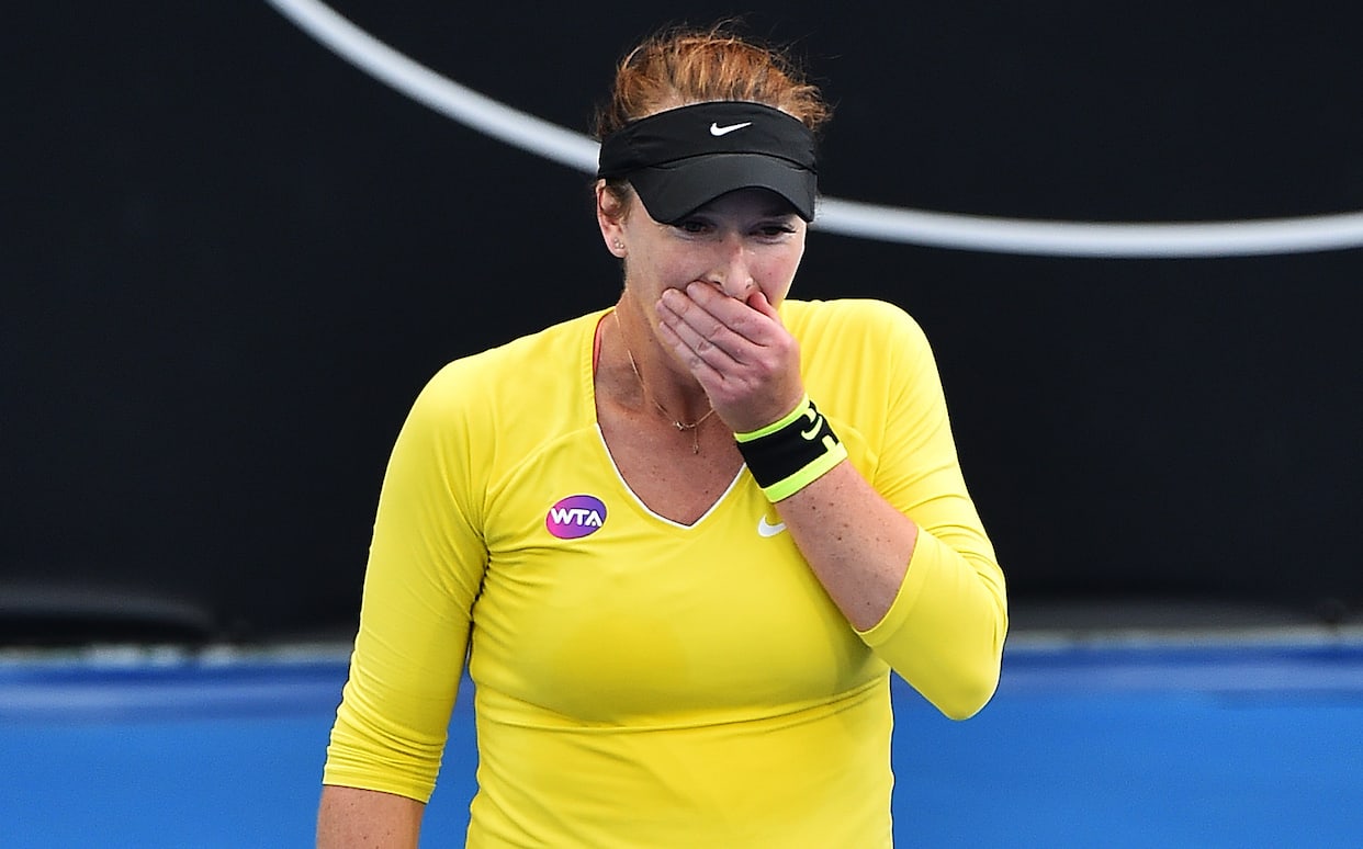 American Madison Brengle reacts to her upset win against Serena Williams on 4 January 2017 at the Auckland Classic.