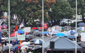 People protesting against Covid-19 vaccination mandates and restrictions take cover under umbrellas to shelter from the rain at Parliament grounds on 16 December, 2021.