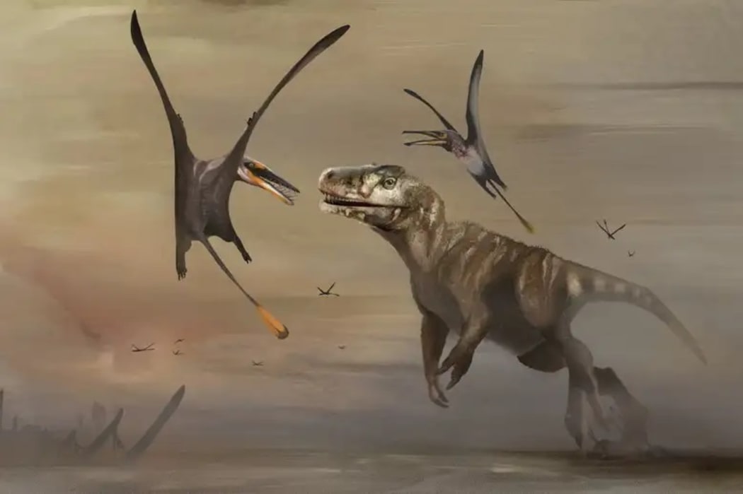 An artist’s impression of a new pterosaur from Scotland (Dearc sgiathanach) flying away from a predatory dinosaur