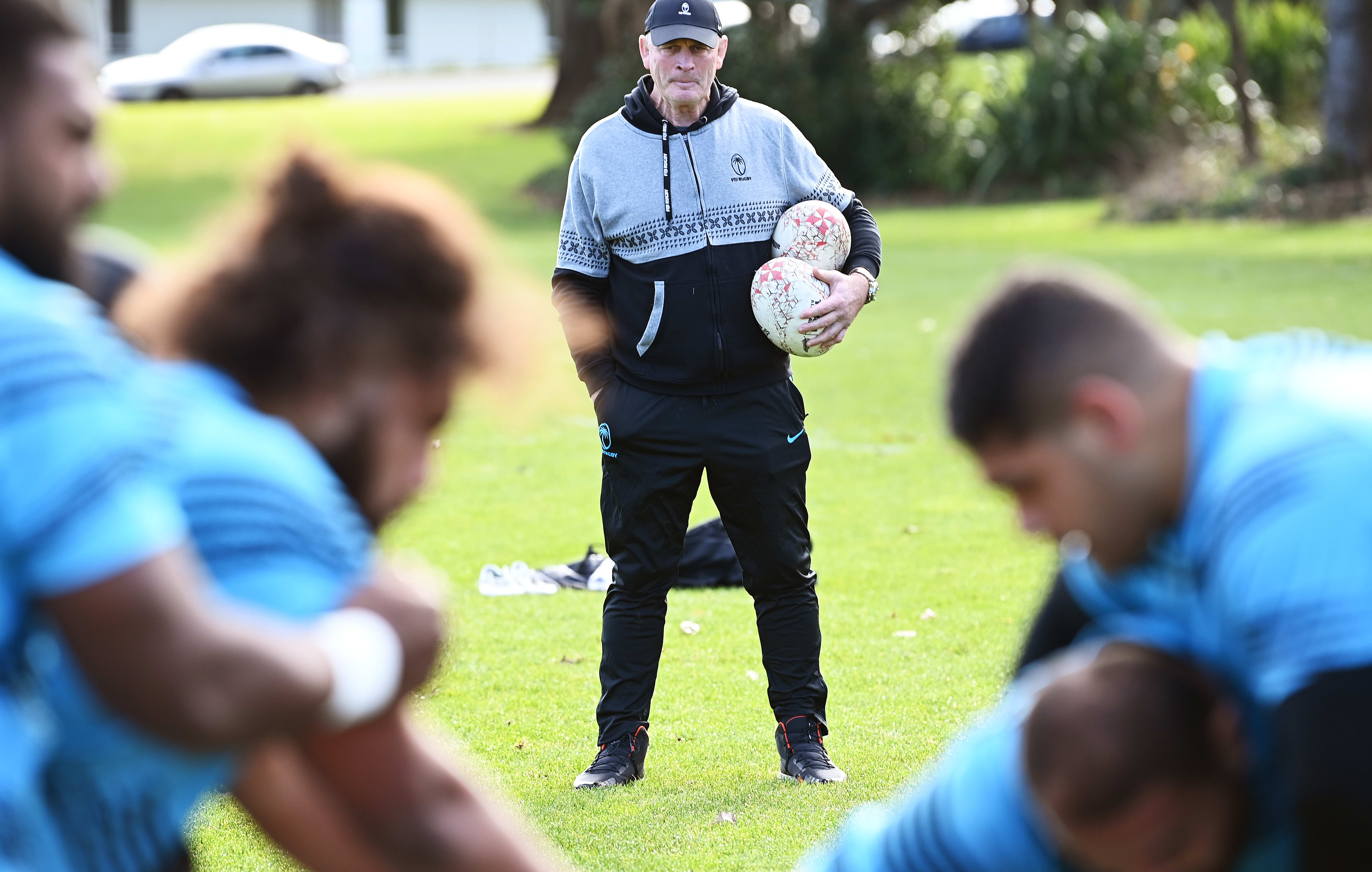 Fiji coach Vern Cotter watches on during training.