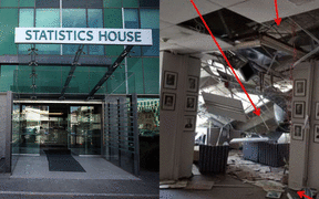 A 2013 photo of Wellington's Statistics House, left, with a photo of damage on the ground floor following the 14 November 2017 earthquake (from March 2017 inquiry report).