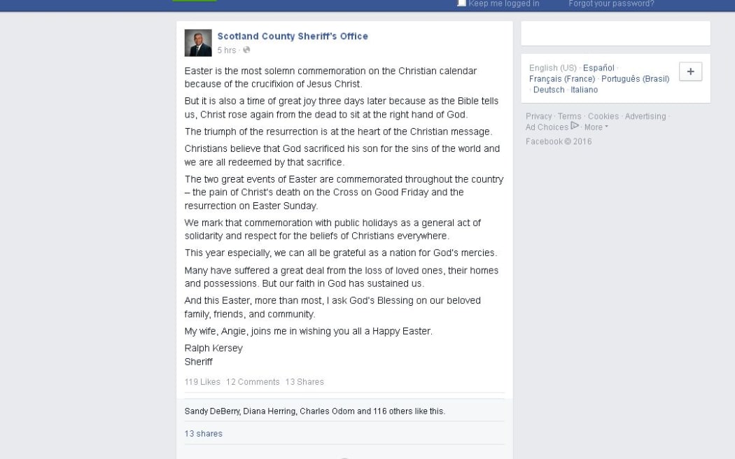 Sheriff Ralph Kersey with his Easter message.