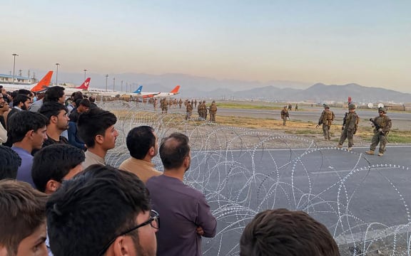 US soldiers stand guard at Kabul Airport.