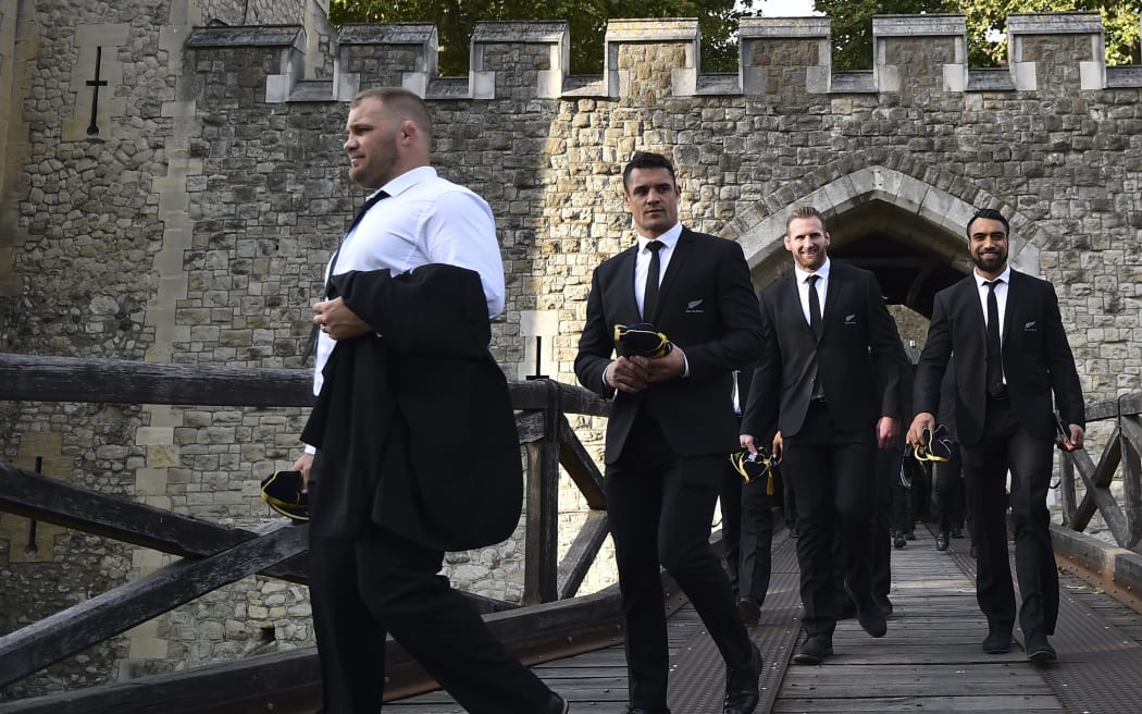 New Zealand's Owen Franks, Dan Carter, Kieran Read and Victor Vito attend a welcoming ceremony for the New Zealand All Blacks team at the Tower of London.