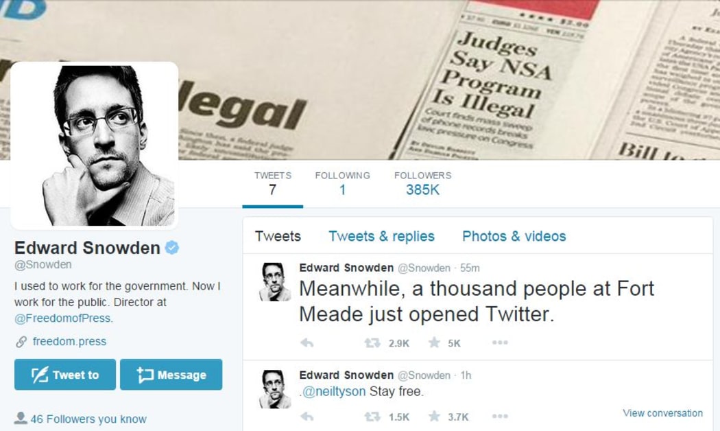 A screenshot of Snowden's new Twitter page.