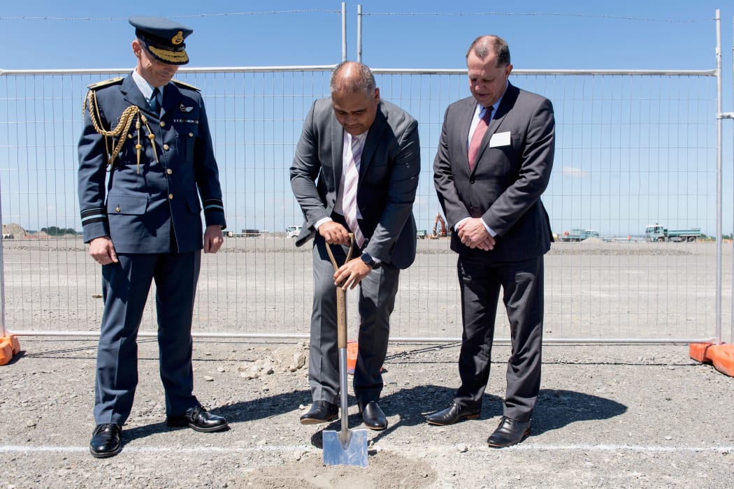 Defence Minister Peeni Henare turns a sod at the site of the Manawatū facility, which will house the four P-8A Posiden aircraft.