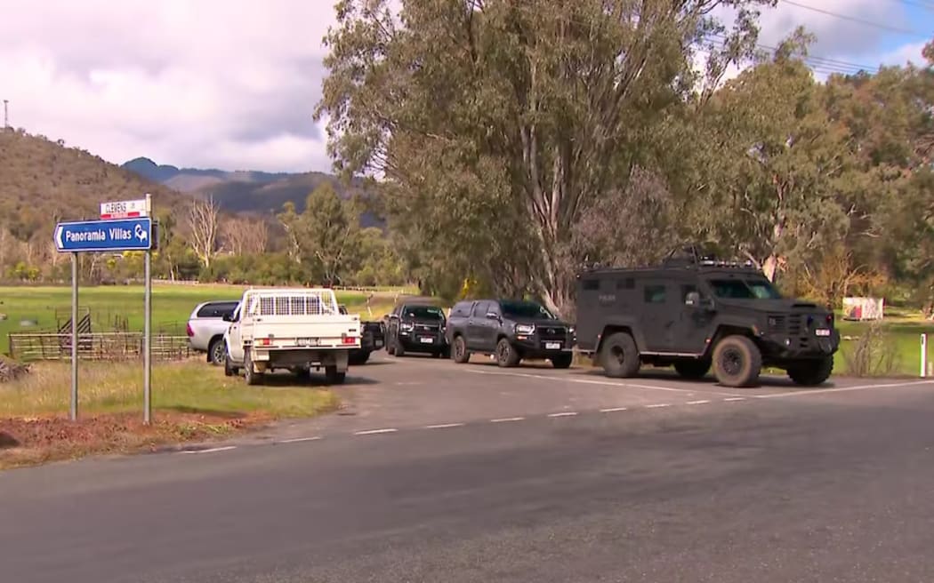 The BearCat led the convoy of police vehicles to Clemens Lane in Myrtleford on Saturday.