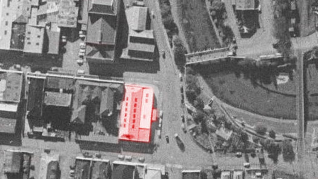 A bird's eye view over Blenheim from 1958 shows the site, in red, when it was a vehicle garage.