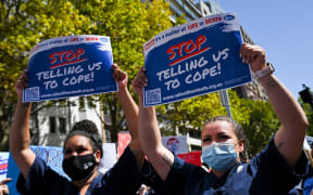 New South Wales public hospital nurses participate in a strike over staff shortages and pandemic-related stresses and strains in Sydney on February 15, 2022.