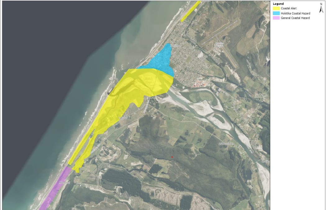 The aerial map overlay of Hokitika township and surrounds. The coastal hazard referred to in the overlay (the mauve area) has been previously notified to residents in the area.