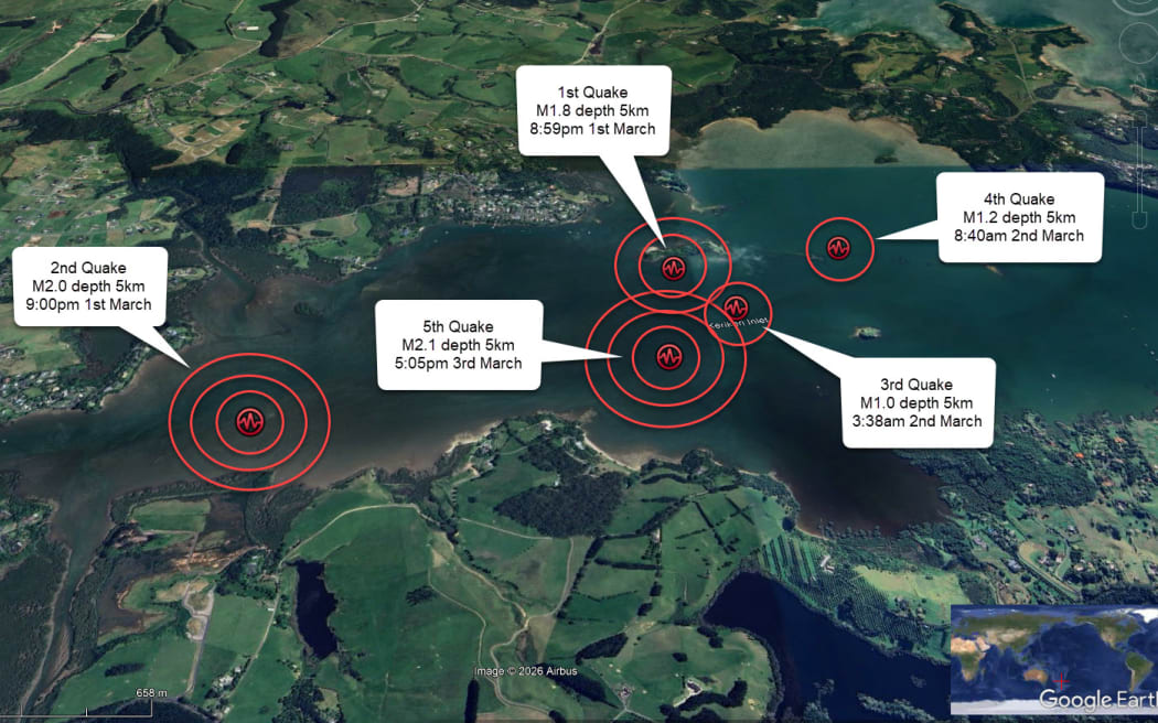 All five quakes were centred under Kerikeri Inlet at a depth of around 5km.