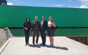 Sioux MacDonald from the Screen Industry Technicians Guild, movie producer Barrie Osborne, Workplace Relations Minister Iain Lees Galloway and Equity NZ organiser Melissa Ansell-Bridges at the Kumeu studio