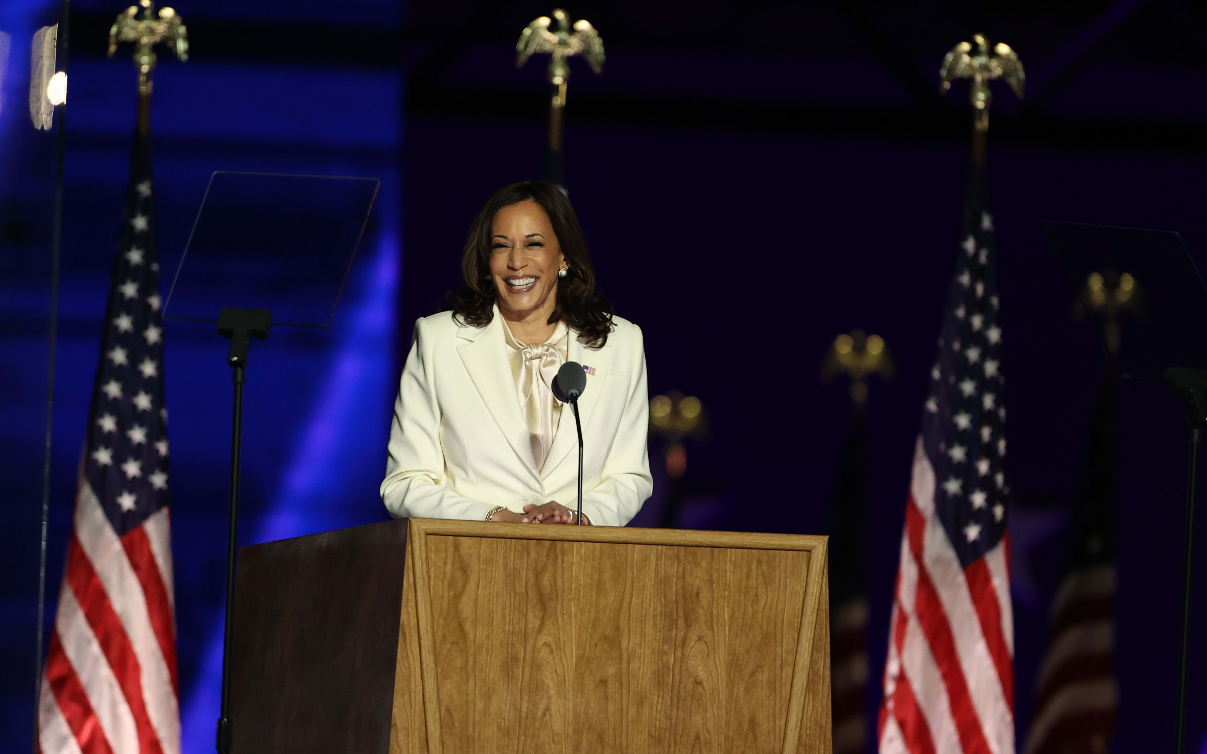 WILMINGTON, DELAWARE - NOVEMBER 07: Vice President-elect Kamala Harris addresses the nation from the Chase Center November 07, 2020 in Wilmington, Delaware.