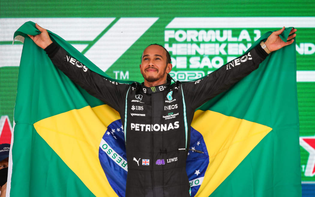 Mercedes driver Lewis Hamilton after winning the 2021 Sao Paulo Grand Prix in Brazil.