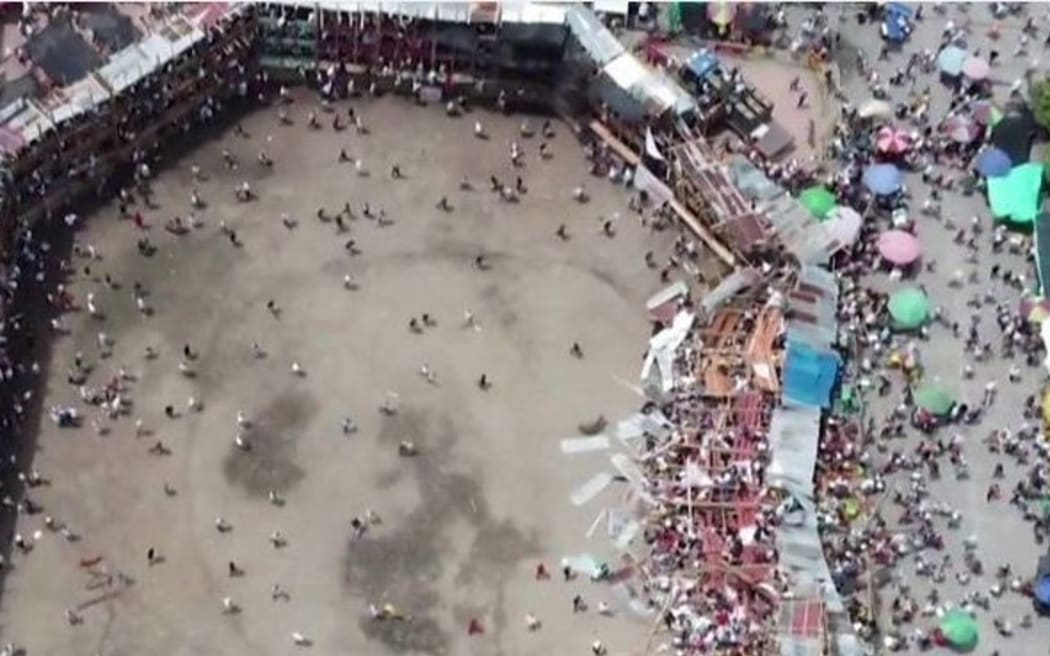 Collapsed stand at bullfight in El Espinal, Tolima department in Colombia