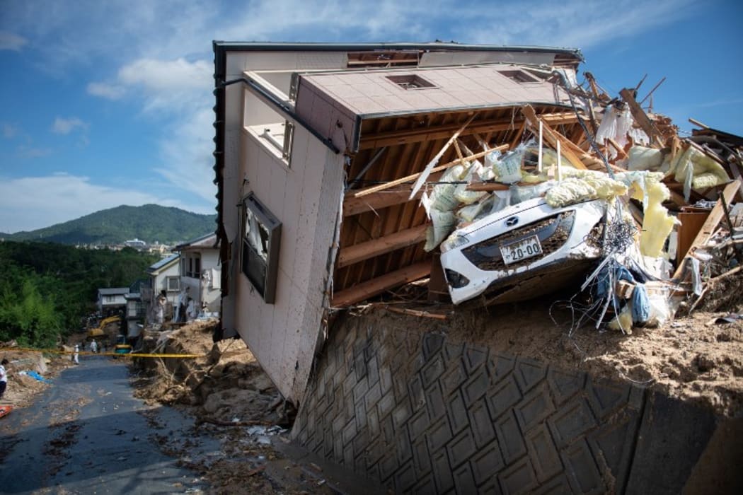 A damaged house in a flood hit area in Kumano, Hiroshima prefecture on July 9, 2018.