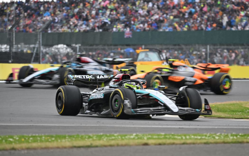Mercedes driver Lewis Hamilton on his way to winning the 2024 British Grand Prix.