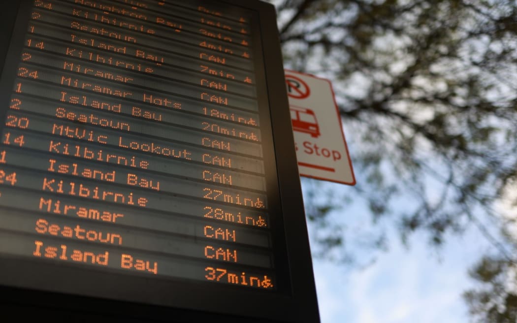 Board showing cancelled bus services in Wellington during drivers strike on Friday 23 April.