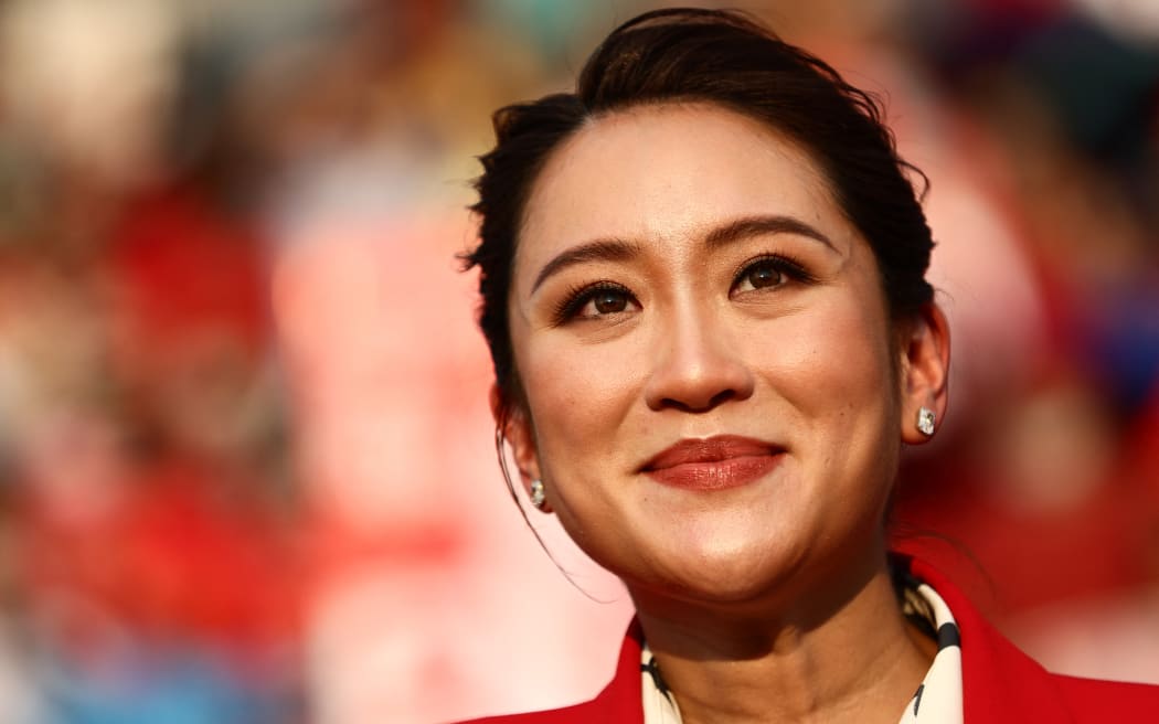 (FILES) Thai candidates for prime minister Paetongtarn Shinawatra, known by her nickname "Ung Ing" and the youngest daughter of former prime minister Thaksin Shinawatra, looks on during an election rally for Thailand's main opposition Pheu Thai party at the Thunder Dome Stadium in Nonthaburi, north of the capital Bangkok, on April 5, 2023. Thailand's Pheu Thai party chose Paetongtarn Shinawatra, the daughter of billionaire ex-PM Thaksin, as its candidate for prime minister, it said August 15, 2024, a day after a court dismissed the incumbent premier in an ethics case. (Photo by Jack TAYLOR / AFP)