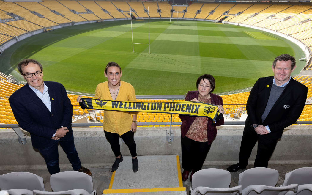 Phoenix chairman Rob Morrison, Football Fern Annalie Longo, NZF President Johanna Wood and Phoenix general manager David Dome during the announcement of the W-League team.
