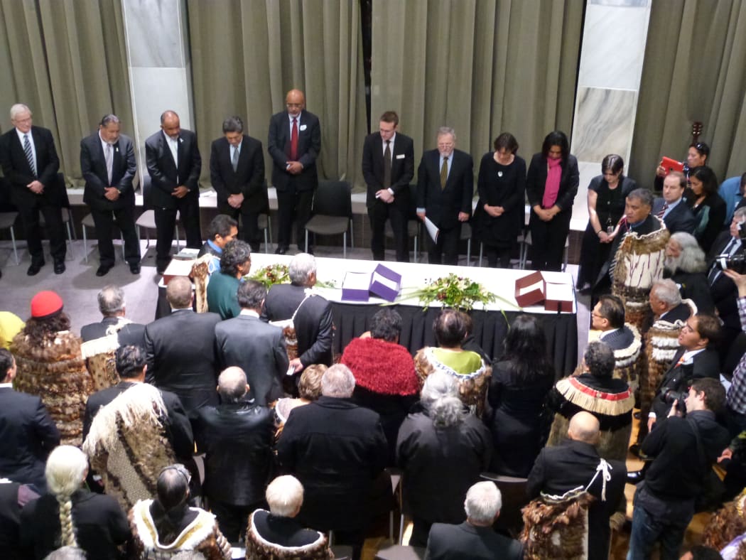 Tuhoe members prepare to sign Deed of Settlement at Parliament.