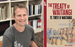 A composite of Ross Calman (Ngāti Toa, Ngāti Raukawa, Kāi Tahu) and the cover of his book, The Treaty of Waitangi.