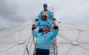 “I’m on top of the world!” Regional Development Minister Shane Jones descends from the top of a 27-metre-high fuel tank.
