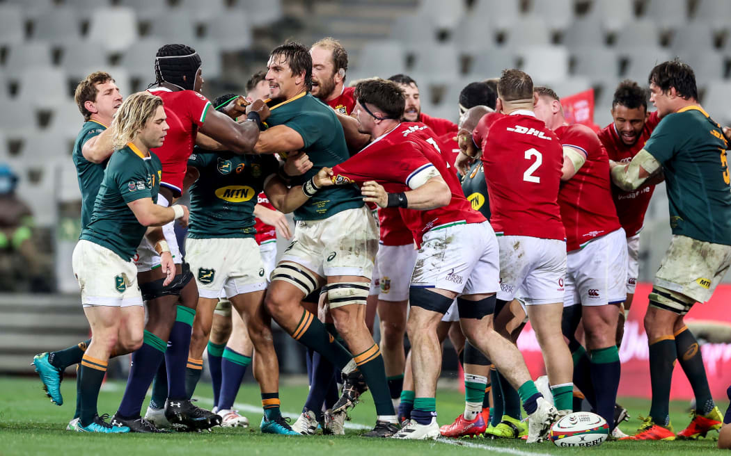 Tempers flare between British & Irish Lions' Maro Itoje and Eben Etzebeth of South Africa in the second test in Cape Town 31/7/2021.