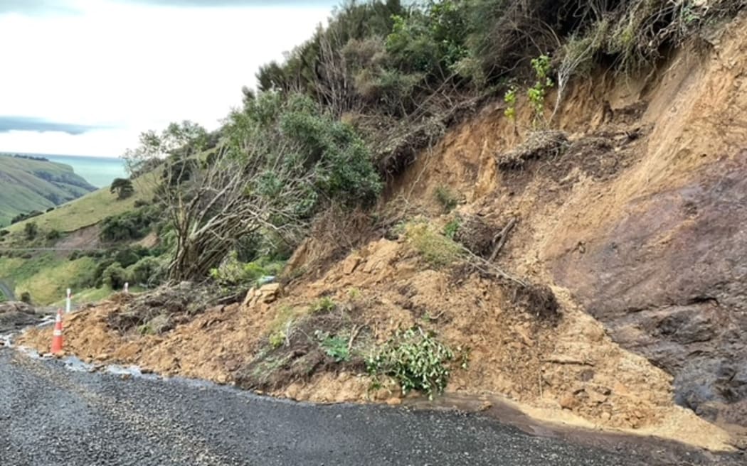 Slips or road damage on Goughs Bay Road on Bank Peninsula - road already damaged in December 21 storm