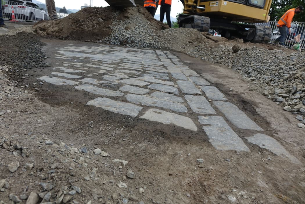 Bluestone paving unearthed during roadworks in Dunedin