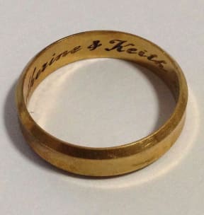 The yellow-gold ring is engraved with "Catherine and Keith" and "1968".